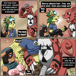 anthro armor balls breasts clothing cybernetic_leg cybernetic_limb cybernetics digivice eyewear eyewear_on_head feathered_wings feathers flaccid genitals goggles goggles_on_head gun headgear helmet intersex lakeside machine machine_gun nipples penis pubes ranged_weapon shortstack shortstack_intersex undressing undressing_another vein veiny_penis wattles weapon wings korncob bandai_namco digimon mythology korn_cob kuni_porcula cyborg digimon_(species) equid equine guilmon mammal mythological_creature mythological_equine pegasus scalie suid suine 1:1 comic hi_res