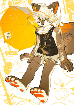 anthro black_body black_fur claws clothed clothing coat countershade_face countershade_torso countershading fur hair kemono looking_at_viewer male orange_claws orange_eyes pawpads raincoat raining red_pawpads solo toe_claws topwear translucent translucent_clothing translucent_raincoat umbrella white_body white_countershading white_hair young young_anthro young_male milkybot canid canine fox mammal 2022 absurd_res hi_res