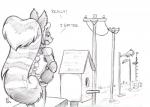 anthro birdhouse clothed clothing dialogue female fluffy fluffy_tail hair obstacle_course rear_view solo tail text utility_pole flinters fluffy_bloodfang mammal rodent sciurid tree_squirrel 2016 english_text monochrome