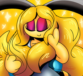 antennae_(anatomy) anthro anthrofied blonde_hair clothed clothing eyelashes eyes_closed female hair holding_hair long_hair purple_sclera shirt simple_background smile solo sparkles stinger t-shirt topwear touching_hair wings yellow_background yellow_body unfortu-nate beatrice_(unfortu-nate) arthropod bee hymenopteran insect 2023 digital_media_(artwork)