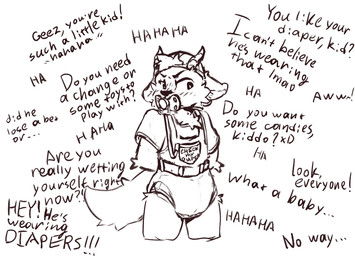 ambiguous_gender anthro backwards_hat blush blush_lines bodily_fluids clothed clothing dialogue diaper diaper_under_clothing ears_down ellipsis exclamation_point front_view genital_fluids hand_behind_back hat head_horn headgear headwear horn humiliation laugh object_in_mouth offscreen_character overalls pacifier pacifier_clip pacifier_in_mouth pivoted_ears public public_humiliation shirt shortalls solo tail text text_on_clothing tilde_after_text topwear unclean_diaper urine used_diaper using_diaper wearing_diaper wet_diaper wetting wetting_diaper xd neemitenaide canid canine mammal english_text greyscale hi_res monochrome portrait three-quarter_portrait