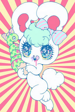 alternative_fashion ambiguous_gender anthro big_eyes chibi duo ear_bow fairy_kei feet feral fluffy fluffy_tail food food_on_face fur glistening glistening_eyes green_hair hair handpaw heart_eyes heart_symbol hindpaw imminent_vore j-fashion kemono multicolored_eyes nude pattern_background paws pink_tongue rabbit_ears scut_tail short_tail simple_background sparkles sparkling_eyes superflat tail tongue tongue_out white_body white_fur yurie_sekiya food_creature ice_cream_creature lagomorph leporid mammal rabbit reptile scalie snake 2013 colorful_theme hi_res pastel_theme