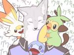 ambiguous_gender anthro fur group male open_mouth smile starter_trio teeth white_body white_fur にぇと demimen nintendo pokemon hoegarrden canid canine canis generation_8_pokemon grookey lagomorph mammal pokemon_(species) primate reptile scalie scorbunny sobble wolf 2019 4:3 hi_res