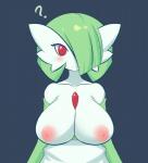 big_breasts breasts female green_hair hair hair_over_eye inverted_nipples looking_at_viewer nipples not_furry one_eye_obstructed question_mark red_eyes simple_background solo standing jcdr nintendo pokemon nougat_(character) gardevoir generation_3_pokemon mammal pokemon_(species) 2015