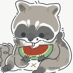 black_eyes black_nose dot_eyes eating feral food fruit grey_body melon navel plant simple_background simple_eyes sitting solo watermelon watermelon_slice white_body x_navel yencatx mammal procyonid raccoon 1:1 2022