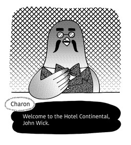 anthro beak bow_tie clothed clothed_anthro clothed_male clothing dialogue dialogue_box eyebrows eyewear facial_hair glasses male solo text wearing_glasses winged_arms wings janemai animal_crossing john_wick nintendo brewster_(animal_crossing) avian bird columbid pigeon 2018 black_and_white character_name digital_drawing_(artwork) digital_media_(artwork) english_text hi_res monochrome