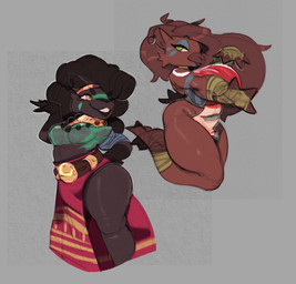 afro anthro bedroom_eyes belt big_breasts big_butt black_body black_fur blue_eyelids bodypaint breasts brown_body brown_fur brown_hair butt chest_tattoo cleavage clothed clothing dress duo ear_piercing ear_ring eyebrow_through_hair eyebrows eyelashes face_paint facial_tattoo female fur green_eyes hair jewelry long_hair looking_at_another looking_at_viewer looking_back looking_back_at_another narrowed_eyes necklace painted_breasts piercing red_clothing red_dress ring_piercing seductive simple_background smile tattoo thick_thighs translucent translucent_hair yellow_eyes jdoe_p o'saa_(jdoe_p) prikka_(jdoe_p) capybara caviid mammal rodent absurd_res hi_res