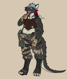 anthro arm_markings baseball_cap beer_bottle black_body boots bottle bottomwear camo camo_bottomwear camo_clothing camo_pants camo_print cigarette claws clothed clothing combat_boots container digitigrade digitigrade_footwear ear_piercing ear_ring facial_piercing female fingerless_gloves footwear furgonomic_footwear furgonomics gloves gun hair handgun handwear hat headgear headwear holster looking_at_viewer markings midriff nose_piercing nose_ring pants pattern_bottomwear pattern_clothing pattern_pants piercing pistol ranged_weapon revolver ring_piercing scar sharp_teeth shirt shoes solo standing tail tan_body tank_top tapering_tail tattoo teeth text text_on_clothing text_on_shirt text_on_tank_top text_on_topwear tongue tongue_out topwear weapon yellow_eyes boguscypress project_silverfish inheritor lizard reptile scalie english_text hi_res signature