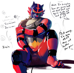 anthro biped brown_body brown_fur bulge clothed clothing costume dialogue drone dronification fur latex latex_clothing latex_costume latex_skinsuit male offscreen_character pokemon_costume red_latex simple_background skinsuit solo speech_bubble text tight_clothing white_background saudax7 nintendo pokemon generation_7_pokemon incineroar pokemon_(species) digital_media_(artwork) english_text hi_res