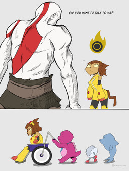 2_panel_comic accessory after_sex aftermath annoyed anthro black_clothing black_skinsuit blue_necktie bodily_fluids brown_hair brown_tail button_prompt cat_tail circle_button clothed clothing cross-popping_vein crossed_arms dialogue ellipsis eyelashes eyewear female gameplay_mechanics goggles greek grey_background group hair holding_object humor imminent_sex larger_male looking_at_another machine male markings muscular muscular_male necktie pale_skin poker_face purple_body pushing_wheelchair rear_view scared shaking shaky_legs short_hair side_view simple_background sitting size_difference skinsuit smaller_female sweat sweating_profusely sweaty_face tail text tight_clothing topless topless_male torn_clothing traumatized tremble_spikes trembling vehicle veiny_arms walking wheelchair whiskers white_background white_body yellow_clothing yellow_eyewear yellow_goggles yellow_sclera marciuspng circle_prompt_(god_of_war) gameoverse glitch_productions god_of_war playstation sony_corporation sony_interactive_entertainment flappers_(gameoverse) gobbles_(gameoverse) kaboodle_(gameoverse) kit_bodega kratos aquatic cetacean demigod dinosaur dolphin domestic_cat felid feline felis human mammal prehistoric_species reptile robot scalie sphere_creature toothed_whale waddling_head 2026 absurd_res artist_name comic crossover english_text hatching_(art) hi_res shaded signature