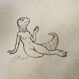 5_fingers 5_toes anthro big_tail breasts claws digitigrade eyelashes feet female female_anthro fingers front_view genitals humanoid_hands innie_vulva long_tail looking_away lying medium_breasts mouth_closed navel nipples non-mammal_breasts non-mammal_navel non-mammal_nipples non-mammal_vulva nude nude_anthro nude_female on_side pose pupils slit_pupils snout solo spines tail tapering_tail thick_tail thick_thighs thigh_gap toe_claws toes vulva spe reptile scalie tuatara 1:1 2025 dated digital_drawing_(artwork) digital_media_(artwork) hi_res monochrome pinup procreate_(artwork) sepia signature sketch
