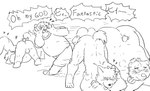 anthro ass_up blush bottomwear butt clothing eyes_closed group heart_symbol humanoid_hands jack-o'_pose kemono male overweight overweight_male pose shirt shorts tail tail_motion tailwag text tongue tongue_out topwear chisa_sa bear canid canine mammal 2021 monochrome