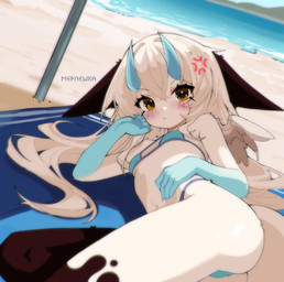2_horns angry annoyed anthro beach beach_towel beach_umbrella belly bikini bikini_thong bikini_top blue_clothing blue_horn blue_swimwear blush breasts butt claws clothed clothing day embarrassed feathered_wings feathers female female_anthro flat_chested fluffy frown fur hair horn kemono long_hair looking_at_viewer lying micro_bikini mouth_closed multicolored_body multicolored_fur navel on_back on_front on_ground on_side orange_eyes outside parasol pose sand sea seaside simple_background slim slim_anthro slim_female small_breasts small_wings solo string_bikini summer swimwear symbol tail tan_body towel tuft two-piece_swimsuit two_tone_body two_tone_fur umbrella underwear unusual_anatomy water white_body white_fur white_hair white_skin white_tail wings merleshka mythology tess_korty dragon felid furred_dragon furred_scalie hybrid mammal mythological_creature mythological_scalie scalie 2026 hi_res