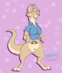 anthro bottomless breasts clothed clothing cosplay crossgender female genitals looking_at_viewer mtf_crossgender pouch_(anatomy) pouch_storage pussy solo maddworld nickelodeon rocko's_modern_life rocko_rama kangaroo macropod mammal marsupial hi_res