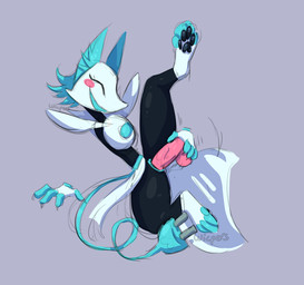 anthro blue_body blue_ears blue_fur blue_hair blue_tail blush breasts dildo eyes_closed feet female floating_hands fur genitals hair machine masturbation on_ground pawpads sex_toy simple_background small_waist smile solo spread_legs spreading tail thick_thighs vulva wicpers deltarune undertale_(series) tasque_manager darkner felid mammal robot