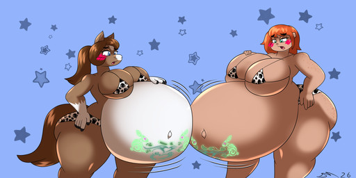 anthro belly big_belly big_breasts bikini blue_eyes breasts brown_body brown_fur brown_hair clothing female fur green_eyes hair huge_belly huge_breasts hyper hyper_belly hyper_breasts hyper_pregnancy orange_hair pregnant swimwear tan_body two-piece_swimsuit dirtymac equid equine horse human mammal 2:1 absurd_res hi_res