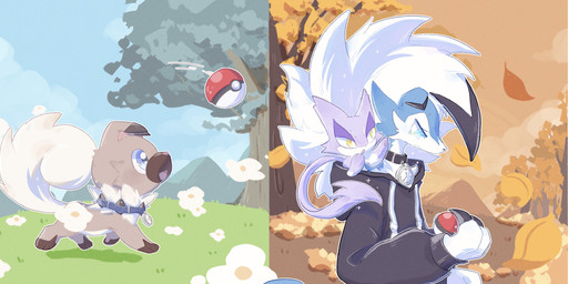 ambiguous_gender anthro ball blue_body blue_eyes blue_fur brown_body brown_fur clothing collar feral fur plant pokeball sky standard_pokeball tree white_body white_fur liuliankeya nintendo pokemon kian_(kianyemao) canid canine felid feline generation_5_pokemon generation_7_pokemon lycanroc mammal midnight_lycanroc pokemon_(species) purrloin rockruff shiny_pokemon absurd_res hi_res