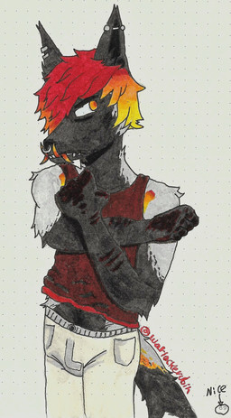 anthro black_body black_eyebrows black_fur black_inner_ear black_nose blonde_hair bottomwear clothed clothing ear_piercing ear_ring eyebrows facial_piercing fangs frown fully_clothed fur gradient_hair grey_body grey_fur hair industrial_piercing male nose_piercing nose_ring orange_eyes orange_hair pants piercing red_clothing red_hair red_shirt red_tank_top red_topwear ring_piercing septum_piercing septum_ring shirt short_hair snout solo tail tank_top teeth topwear white_bottomwear white_clothing white_pants capegloam canid canine fox mammal red_fox silver_fox true_fox 2020 hi_res marker_(artwork) pen_(artwork) traditional_media_(artwork)