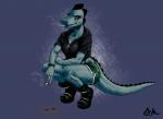 2017 alligator alligatorid ankh anthro bea_santello blue_background boots bottomwear cigarette clothing colored crocodilian crouching dolphin_shorts female footwear greasymojo hi_res hoodie looking_at_viewer night_in_the_woods red_eyes reptile scalie shorts simple_background smoking solo thick_thighs topwear yellow_sclera