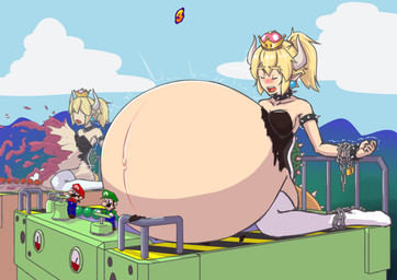 5_fingers armband belly big_belly blonde_hair blush bodily_fluids bound bracelet breasts bursting chain chained clothed clothing collar crown ear_piercing eyebrows eyelashes eyes_closed female female_focus fingers gore group hair headgear horn humanoid_pointy_ears inflation jewelry legwear navel open_mouth piercing pointy_ears ponytail shell sitting spiked_armband spiked_bracelet spiked_collar spiked_shell spiked_tail spikes spikes_(anatomy) square_crossover super_crown tail tears teeth thick_eyebrows thigh_highs torn_clothing colucolu bowsette_meme mario_bros mario_party nintendo bowser luigi mario animal_humanoid humanoid koopa_humanoid scalie scalie_humanoid absurd_res hi_res meme brother_(lore) brothers_(lore) sibling_(lore) twins_(lore)