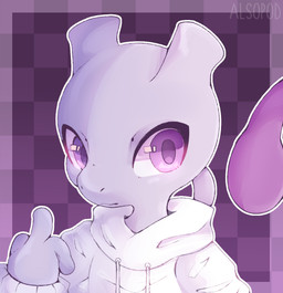 ambiguous_gender anthro clothed clothing gesture hand_gesture hoodie looking_at_viewer middle_finger pattern_background simple_background solo topwear white_clothing white_hoodie white_topwear alsopod nintendo pokemon generation_1_pokemon legendary_pokemon mewtwo pokemon_(species) digital_media_(artwork)