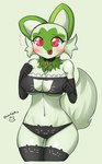 anthro armwear bell bell_collar big_breasts biped blush breasts cat_cutout clothed clothing collar cute_fangs ears_up elbow_gloves embarrassed eyelashes fangs female front_view gloves green_background green_body handwear legwear looking_at_viewer midriff navel neck_tuft nipple_outline open_mouth red_eyes simple_background skimpy solo standing sweatdrop_(iconography) tail teeth thigh_highs tuft woebeeme nintendo pokemon generation_9_pokemon pokemon_(species) sprigatito 2022 shaded signature soft_shading