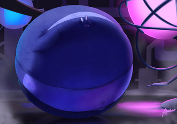 ambiguous_gender anthro belly belly_expansion big_belly blue_body blue_fur blue_hair blueberry_inflation body_inflation catwalk clothed clothing expansion factory fur hair huge_belly hyper hyper_belly hyper_inflation immobile inflation inside looking_down looking_down_at_self machine navel solo spherical_inflation swollen_cheeks text tracksuit worried aethersresident charlie_and_the_chocolate_factory lagomorph leporid mammal rabbit 2025 artist_name hi_res
