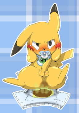 clothing diaper erection feces feral genitals grumpy male penis scatplay soiled_diaper soiling solo unclean_diaper used_diaper white_diaper third-party_edit nintendo pokemon generation_1_pokemon mammal pikachu pokemon_(species)