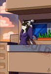 anthro balcony block detailed_background female flower_box morning outside solo stretching yam-i masterzoroark666 domestic_cat felid feline felis mammal wild_cat absurd_res digital_drawing_(artwork) digital_media_(artwork) distracting_watermark hi_res shaded watermark