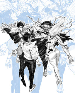 5_fingers 5_toes 6_antennae 8_eyes antennae_(anatomy) anthro arms_bent barefoot big_breasts big_butt biped bottomwear bracelet breasts butt choker cigarette cigarette_in_mouth cleaver_(weapon) clothed clothed_anthro clothed_human clothed_male clothing curvy_figure ear_piercing ear_ring eyebrows faceless_character faceless_human faceless_male feet female female_human fingers flowing_hair footwear fully_clothed fully_clothed_human fully_clothed_male fur_trim_(clothing) fur_trim_jacket fur_trim_topwear glistening glistening_butt group hair high-angle_view holding_cleaver holding_melee_weapon holding_object holding_weapon jacket jewelry long_hair male male_anthro male_human melee_weapon multi_eye necklace object_in_mouth open_clothing open_jacket open_mouth open_topwear outline pants piercing pointy_nose pompadour ring_piercing robe shirtless shirtless_human shirtless_male shoes short_hair standing teeth thick_thighs toes topless topless_female topless_human topwear weapon white_outline 01leteo jujutsu_kaisen kurourushi ryu_ishigori uro_takako yuta_okkotsu arthropod blattodean cockroach cursed_spirit_(jujutsu_kaisen) human insect mammal 2026 black_and_white digital_drawing_(artwork) digital_media_(artwork) hi_res monochrome