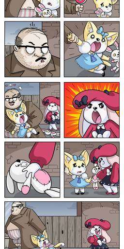 anthro beret candy clothing creepy dessert eyewear female food glasses group hat headgear headwear helping helpless humor imminent_rape imminent_sex loli male oblivious plushie trio ugly_bastard young owlhaus rosianna_rabbit canid canine fennec_fox fox human mammal true_fox 2016 comic hi_res textless