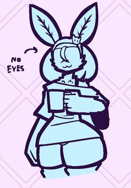 anthro arm_tuft blue_body blue_hair bottomwear bra_strap cat_smile cheek_tuft chest_tuft clothing container cup eyeless facial_tuft female hair headgear headwear moth_antennae mug shirt shorts shoulder_tuft solo text topwear tuft wide_hips cococrab arthropod insect lepidopteran moth 2026 aliasing digital_media_(artwork) english_text