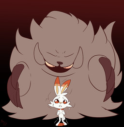 ambiguous_gender anthro biped bodily_fluids cheek_tuft claws duo facial_tuft feral finger_claws fluffy larger_ambiguous larger_feral looking_at_another open_mouth red_eyes scared scut_tail shaking short_tail simple_background size_difference smaller_ambiguous smaller_anthro standing sweat tail tongue tuft white_body fuf nintendo pokemon generation_8_pokemon pokemon_(species) scorbunny wa-urufu 2019 hi_res