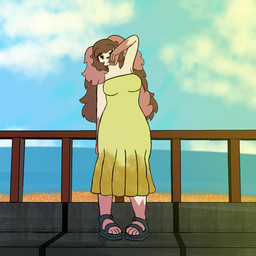 anthro beach boardwalk brown_hair clothing dress facing_forward female footwear fur hair light long_hair one_eye_closed sandals shoes solo summer sundress sunlight white_body white_fur ticklebunny shea_(ticklebunny) canid canine canis domestic_dog mammal 1:1 hi_res