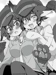 2022 4_fingers anthro big_breasts blush bottomwear breasts clothed clothing duo eromame felid feline female female_anthro fingers fully_clothed greyscale hair hands_on_shoulders hat headgear headwear inner_ear_fluff kemono looking_at_viewer mammal monochrome naoto_shirogane neck_tuft necktie pants pawpads persona_(series) persona_4 shirt simple_background sitting topwear tuft whiskers white_background
