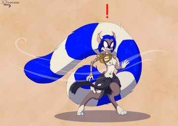 anthro blue_hair blush bottomwear bracelet breasts clothing ear_piercing ear_ring exclamation_point female hair jewelry loincloth long_tail markings navel navel_piercing necklace nipples open_mouth orange_eyes piercing pink_nose ring_(marking) ring_piercing ringed_tail solo striped_markings striped_tail stripes tail tail_markings wind kanrod_stavoyan dreamkeepers aura_(dreamkeepers) lemur mammal primate ring-tailed_lemur strepsirrhine 2025 hi_res