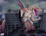 anthro destruction female grin happy macro macro_female nude smile solo spread_arms walking xpuppykittyzx mythology dragon kaiju monster mythological_creature mythological_scalie scalie