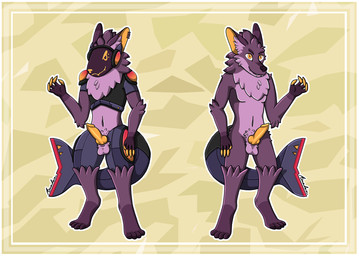 anthro armor balls border claws duo ear_piercing fur genitals knot machine male orange_penis paws penis piercing purple_body purple_fur screen screen_face shark_tail visor white_border riushi biscus aquatic fish protogen shark