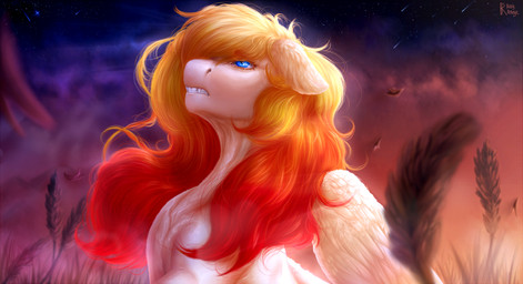 blonde_mane blue_eyes blue_sky clenched_teeth cloud evening eyelashes fangs feathered_wings feathers female female_feral feral fur grass gums light long_mane looking_up mane multicolored_mane outside pink_gums plant red_mane sky solo teeth text two_tone_mane wheat white_body white_feathers white_fur white_wings wings rayrage hasbro my_little_pony mythology fan_character hotfix equid equine mammal mythological_creature mythological_equine pegasus 2021 artist_name bust_portrait colored digital_media_(artwork) digital_painting_(artwork) english_description hi_res lighting painting_(artwork) portrait shaded