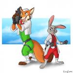 anthro armor clothed clothing cosplay duo female headgear helmet male open_mouth simple_background smile weapon fuzzycoma disney nintendo star_fox zootopia fox_mccloud judy_hopps nick_wilde peppy_hare canid canine fox lagomorph leporid mammal rabbit red_fox true_fox 1:1 crossover digital_media_(artwork) hi_res