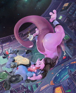 3_fingers 5_fingers animal_genitalia animal_penis anthro anthro_on_anthro arm_tuft ball_fondling ball_grab balls beverage big_butt black_body black_claws black_fur black_hair black_inner_ear black_nose blue_balls blue_body blue_ears blue_fur blue_tail blush bodily_fluids bottomless bottomless_male butt canine_genitalia canine_penis chest_spike chest_tuft claws clothed clothing coffee container cum cumshot cup duo ejaculation elbow_tuft electronics erection eyes_closed feet finger_claws fingers fondling foreskin fur futuristic genital_fluids genitals glans glistening glistening_nose gloves_(marking) hair handjob humanoid_genitalia humanoid_penis knot leg_markings male male/male markings monitor mug pawpads penile penis pink_body pink_eyes pink_glans pink_penis purple_balls purple_body purple_penis purple_tail pushbutton red_pawpads retracted_sheath sex sheath short_hair socks_(marking) soles space spikes spikes_(anatomy) tail thick_tail thick_thighs toe_claws tuft unretracted_foreskin yellow_body yellow_fur zero_gravity oselotti nintendo pokemon pat_(lapatte) generation_1_pokemon generation_4_pokemon legendary_pokemon lucario mewtwo pokemon_(species) hi_res signature