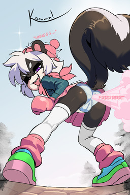 anthro beanie big_tail black_body butt camel_toe clothing fangs fart fart_cloud fart_fetish farting_at_viewer female genitals gloves hair handwear hat headgear headwear kerchief knee_highs legwear looking_at_viewer mittens neckerchief neckwear obscured_inner_labia one_eye_closed panties pink_clothing pink_gloves pink_handwear presenting presenting_hindquarters purple_eyes skunk_tail snow solo tail teeth underwear vulva white_hair white_striped_fur wink winking_at_viewer winter young kasumin_(artist) breezy_the_skunk_(kasumin) mammal mephitid skunk 2:3