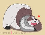 anthro ass_up belly big_butt black_nose blush brown_body butt eye_patch eyes_closed eyewear heart_symbol jack-o'_pose male overweight overweight_male pose simple_background solo white_body digitslayer cartoon_network mao_mao:_heroes_of_pure_heart badgerclops badger mammal mustelid musteline 2021