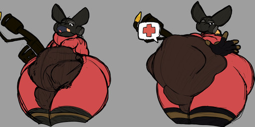 abdominal_bulge almost_fully_inside ambiguous_gender ambiguous_prey anthro anthro_pred anthro_prey balls_outline belly big_belly big_butt black_sclera bodysuit bulge butt clothed clothed_anthro clothed_male clothing detailed_bulge duo erection fire flamethrower gas_mask genital_outline gloves handwear holding_object holding_weapon huge_belly latex latex_clothing latex_gloves latex_handwear latex_skinsuit looking_at_viewer male male_pred mask neck_bulge open_mouth oral_vore penis_outline ranged_weapon reaching_towards_viewer red_latex skinsuit speech_bubble squirming struggling struggling_prey swallowing tenting thick_thighs tight_clothing vore weapon white_eyes wide_hips kanida team_fortress_2 valve kanida_(kanida) pyro_(team_fortress_2) alien digital_drawing_(artwork) digital_media_(artwork) hi_res