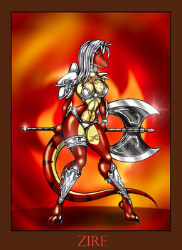 anthro armor axe biped breasts claws cleavage clothed clothing collar convincing_weapon fantasy female green_eyes hair long_legs looking_at_viewer melee_weapon muscular muscular_anthro muscular_female non-mammal_breasts small_waist solo standing tail unconvincing_armor warrior weapon white_hair arturo_juarez mythology zire amphibian dinosaur dragon dromaeosaurid mythological_creature mythological_salamander mythological_scalie prehistoric_species reptile scalie theropod velociraptor red_theme