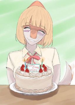 anthro biped birthday_cake blonde_hair blush bow_tie cake candle clothed clothed_anthro clothed_female clothing dessert eyes_closed eyewear female food front_view fruit glasses green_background hair happy happy_birthday long_tail looking_at_viewer medium_hair multicolored_body multicolored_scales orange_body orange_scales plant scales shadow shirt simple_background smile solo spiked_tail spikes spikes_(anatomy) strawberry tail tail_motion tailwag teeth topwear two_tone_body two_tone_scales white_body white_clothing white_scales white_shirt white_topwear ryangoslinghorny goodbye_volcano_high ko_op_(game_developer) naomi_(gvh) dinosaur hadrosaurid ornithischian ornithopod parasaurolophus prehistoric_species reptile scalie 2025 colored digital_media_(artwork) hi_res shaded