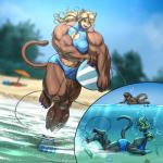 anthro beach big_muscles blonde_hair breasts brown_hair bubble clothed clothing duo ellipsis female green_eyes hair huge_muscles hyper hyper_muscles long_hair muscular muscular_female outside question_mark seaside surfboard swimwear underwater vehicle water watercraft mykegreywolf nat_(mykegreywolf) domestic_cat felid feline felis mammal mustelid otter 1:1 2018 absurd_res digital_media_(artwork) hi_res