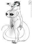 anthro big_breasts breasts curvy_figure female huge_breasts nipple_mouth solo tail voluptuous walter_sache synx hi_res monochrome