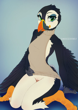 anthro avian_feet beak black_body black_feathers bottomless bottomless_anthro bottomless_female breasts clothed clothing eyelashes feathered_wings feathers female genitals green_eyes kneeling non-mammal_breasts non-mammal_vulva solo sweater topwear virgin_killer_sweater vulva winged_arms wings dancrescentwolf meme_clothing alcid avian bird lari puffin absurd_res hi_res meme
