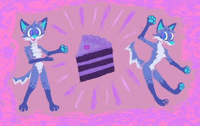 :d abstract_background anthro blue_body blue_eyes blue_fur blue_nose blue_pawpads border cake dancing dessert fangs feet food fur handpaw hindpaw male male_anthro open_mouth open_smile pawpads paws pink_border smile solo teeth toony demensa emil_(demensa) canid canine canis coyote domestic_dog mammal 2026 digital_media_(artwork) english_description full-length_portrait hi_res pixel_(artwork) portrait